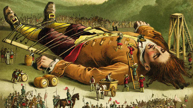 An image of Gulliver, of Jonathon Swift's 'Gulliver's Travels' tied up by the Liliputians. In the book, Gulliver is the hero, and the Liliputians antagonists. In the backdrop of current political events, this image suggests an alternative.