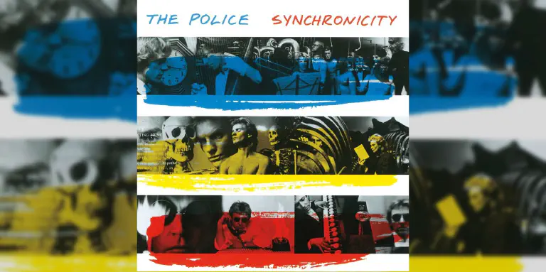 Image of album cover, 'The Police' Synchronicity II. The cover, consisting of transparent stripes of yellow, blue, and red, was originally conceptualized by Jeff Ayeroff and Norman Moore, and constructed from photos taken by Duane Michals. In the photos, Sting reads a copy of Carl Jung's 'Synchronicity'